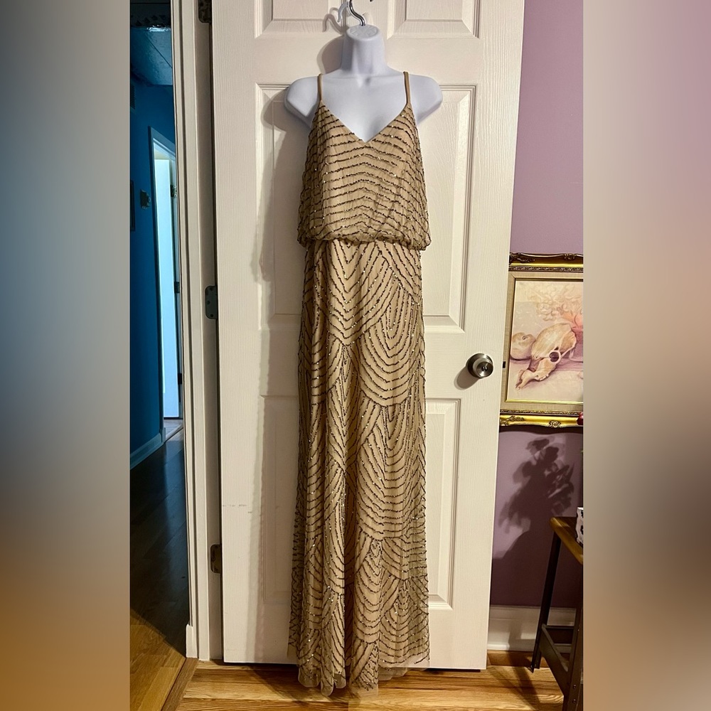 ADRIANNA PAPELL ART DECO BEADED BLOUSON GOWN IN TAUPE PINK SIZE 16 - Picture 6 of 17